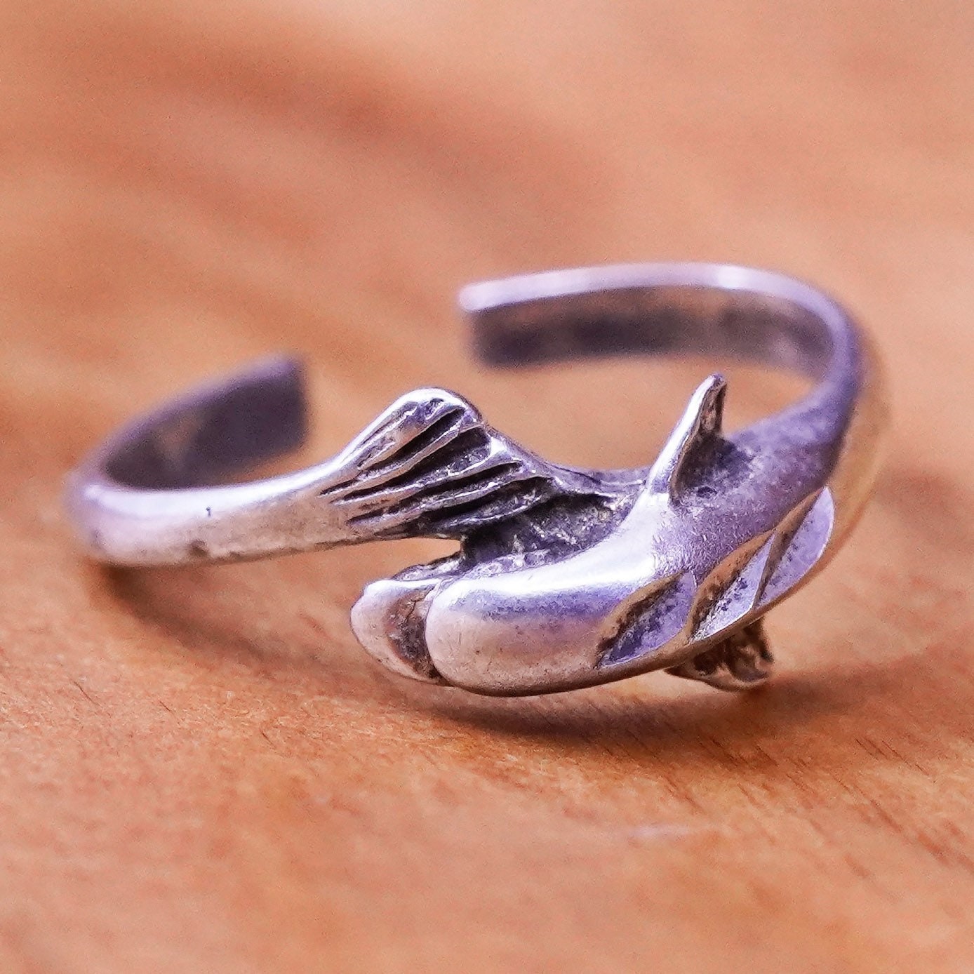 Size 2.5, vintage Sterling silver handmade ring, 925 wrap dolphin band