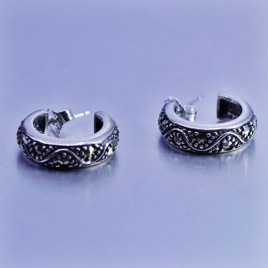 0.75”, vintage Sterling silver handmade earrings, textured 925 hoops marcasite
