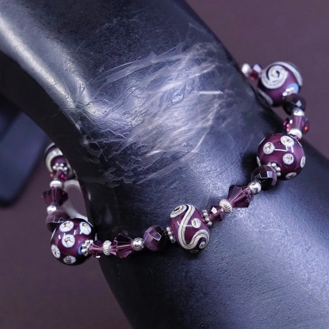 6.75”, vtg sterling 925 silver handmade chain, flower glass bead bracelet