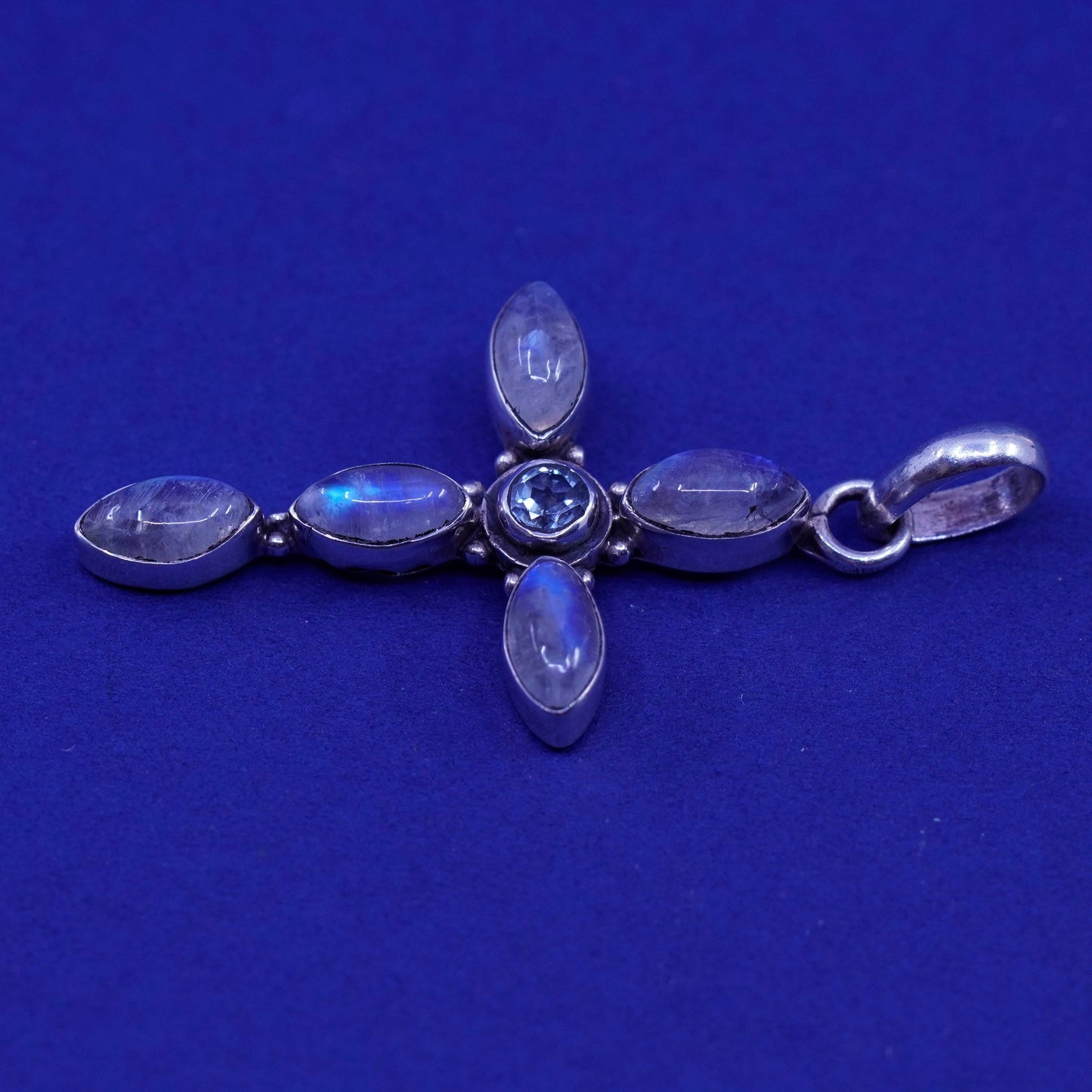 Vintage Sterling 925 silver handmade cross pendant with topaz and moonstone