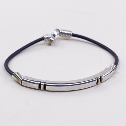 7.25” Vtg Mexico Black Rubber Handmade Bracelet W/ Sterling 925 Silver Slide Bar