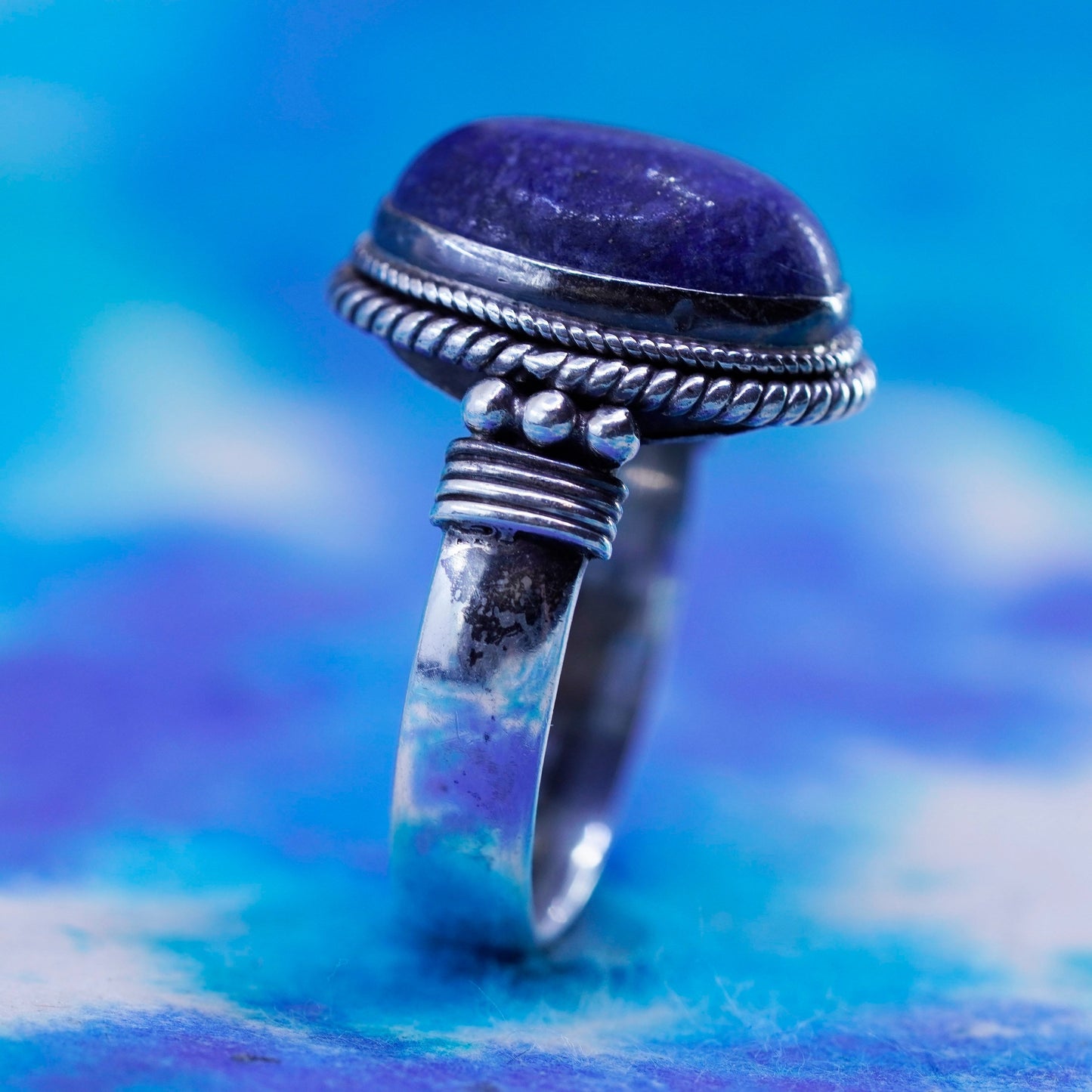 Size 7, vintage sterling 925 silver handmade ring band with sodalite and cable