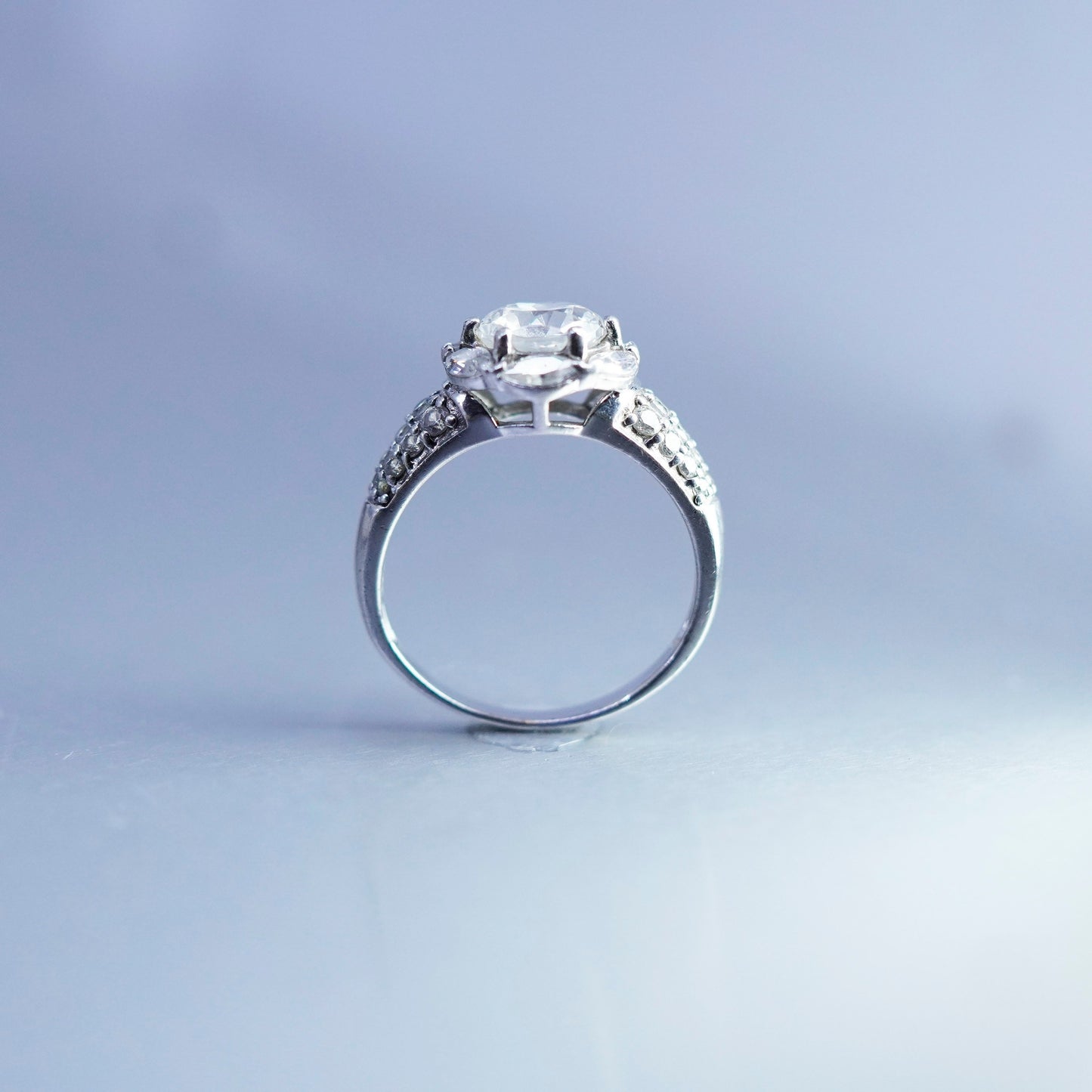 Size 8.5, vintage Sterling 925 silver handmade engagement ring with cluster Cz