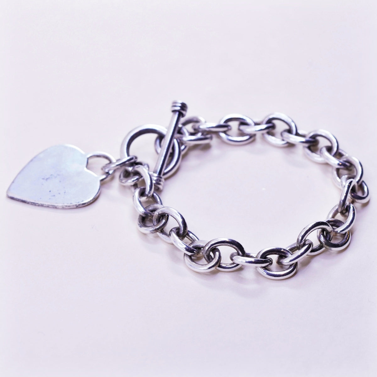 6.5”, 9mm, Vintage sterling 925 silver circle bracelet with heart charm