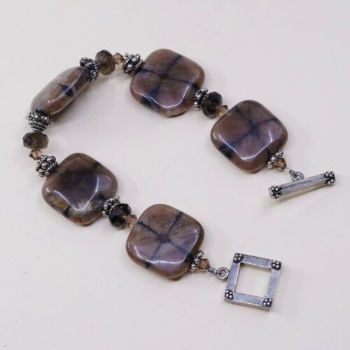 6.75”, Vintage Sterling Silver Handmade Bracelet, 925 Silver Toggle W/ Jasper