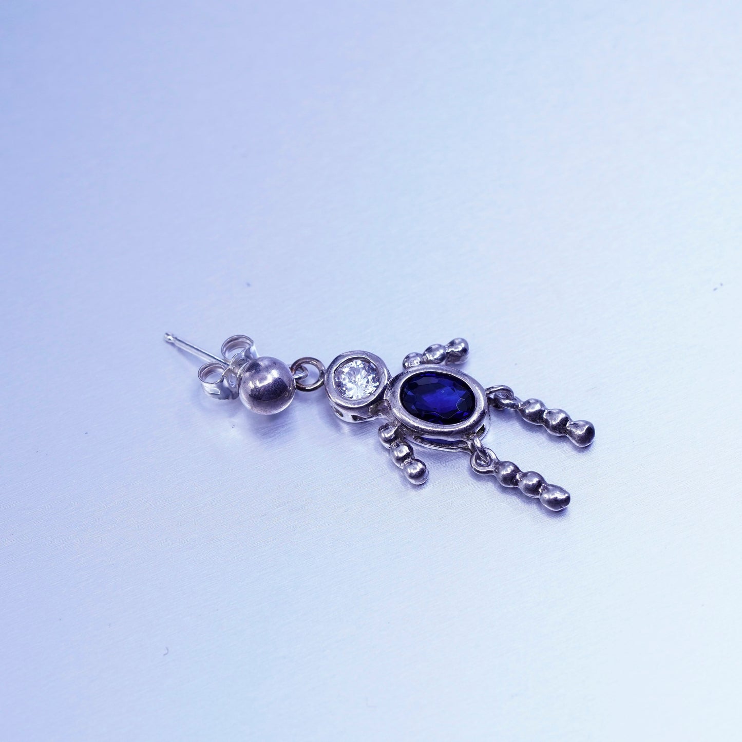 Vintage Sterling 925 silver handmade boy figures earrings with sapphire