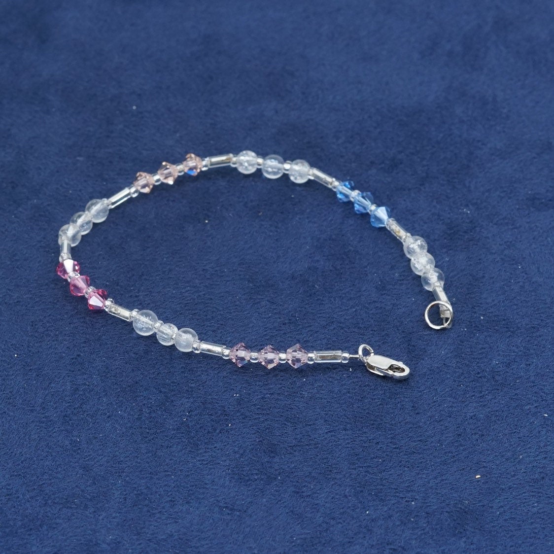 7”, sterling silver handmade bracelet, 925 circle chain w/ pink crystal beads