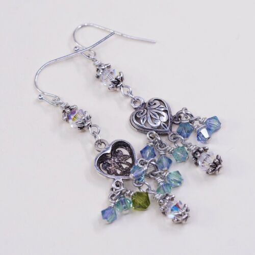 Sterling Silver Handmade Earrings, 925 Silver Filigree Heart W/ Green Crystal