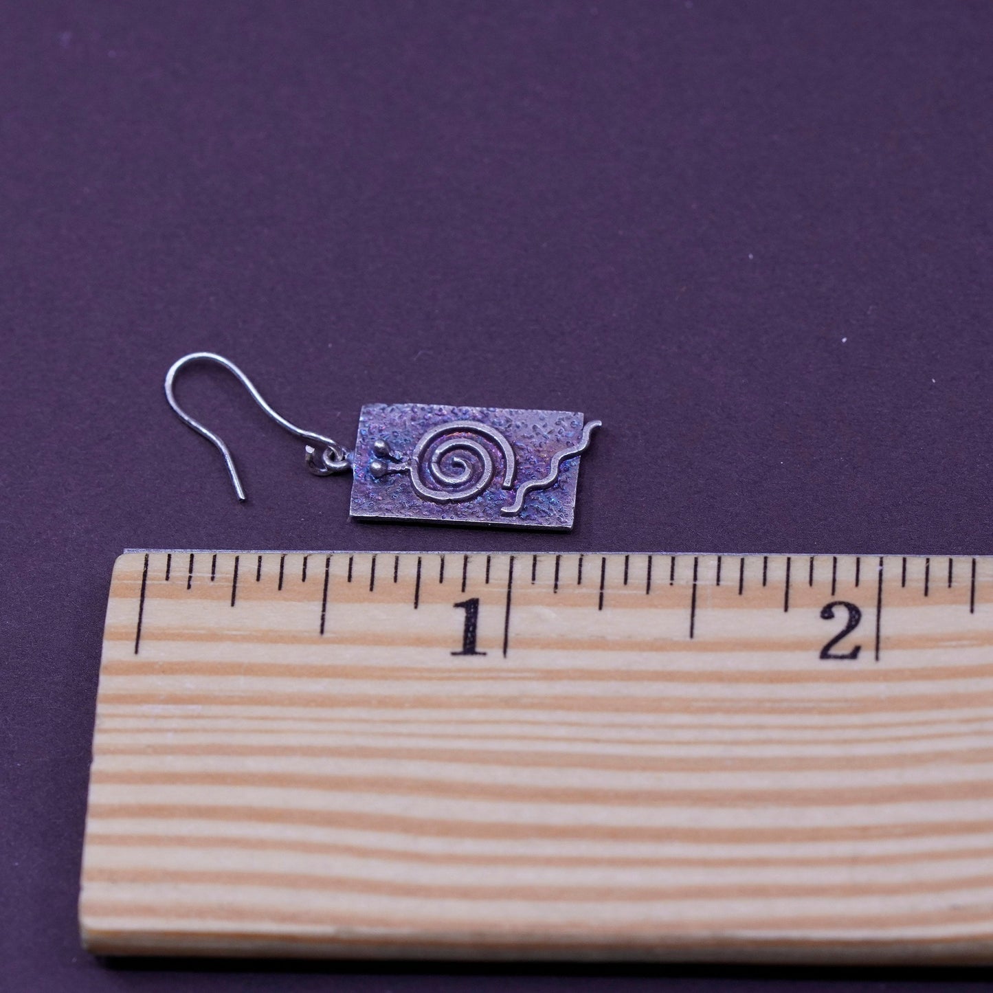 Vintage handmade sterling silver earrings, 925 rectangular dangle swirl relief