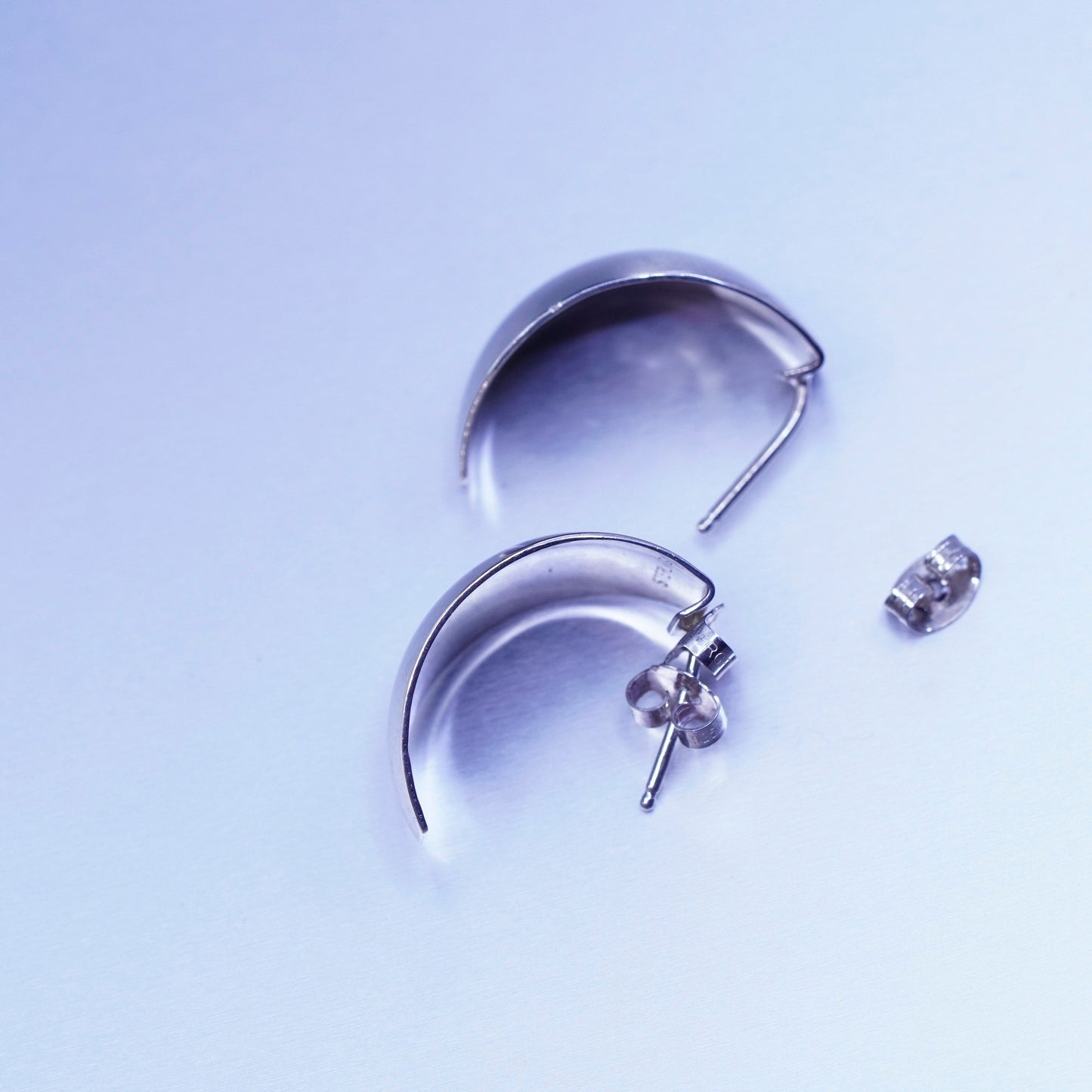 1”, vtg Sterling silver handmade earrings, modern 925 simple oval Huggie studs