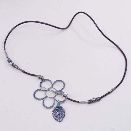 18”, Vtg Israel Sterling 925 Silver Flower Leaf Oendant W/ Leather Necklace