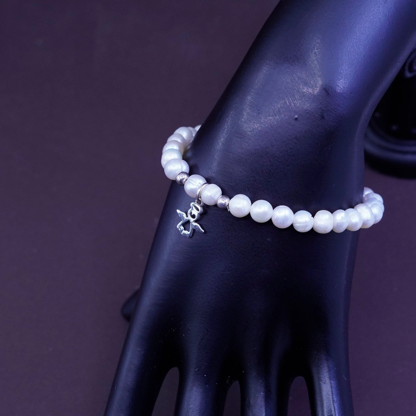 7”, Sterling 925 silver handmade bracelet, pearl beads chain with Angel charm