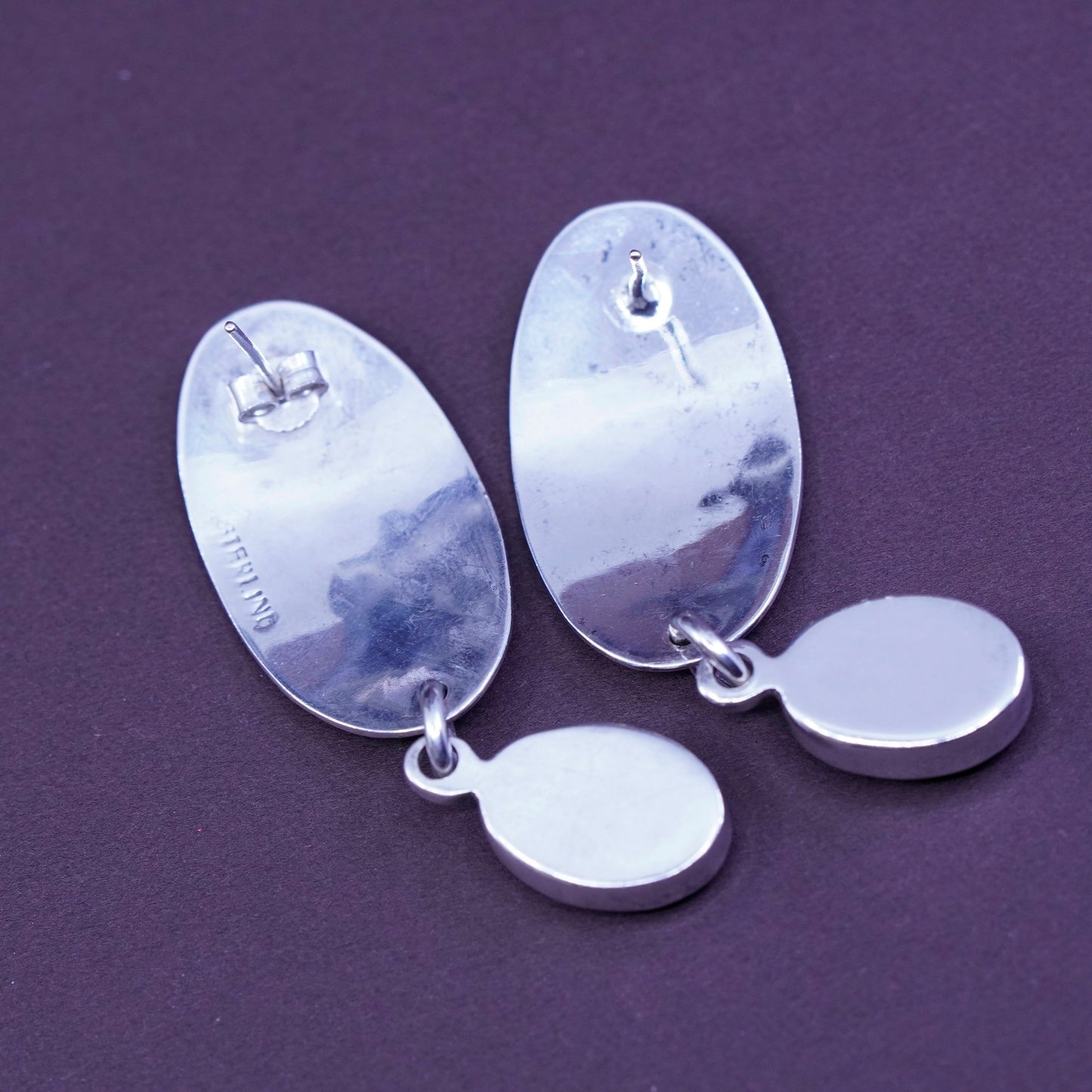 handmade sterling silver earrings, 925 oval hammered disc with obsidian dangles