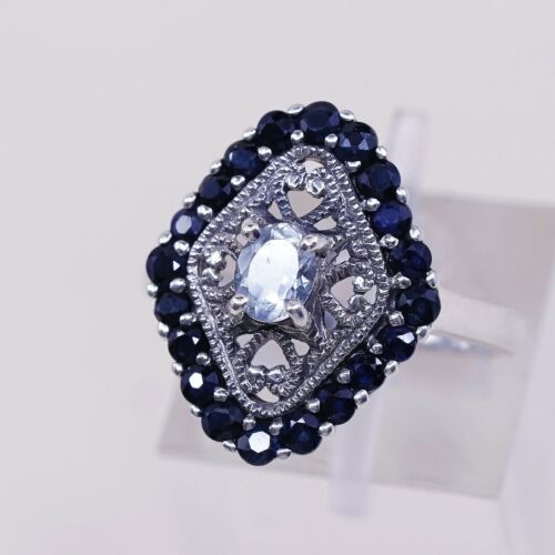 Sz 6 Vtg CNA Sterling silver Engagement ring, 925 W/ Cluster Sapphire N Topaz