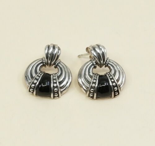 Vintage Sterling Silver Handmade Earrings, 925 Silver Studs W/ Obsidian Dangles