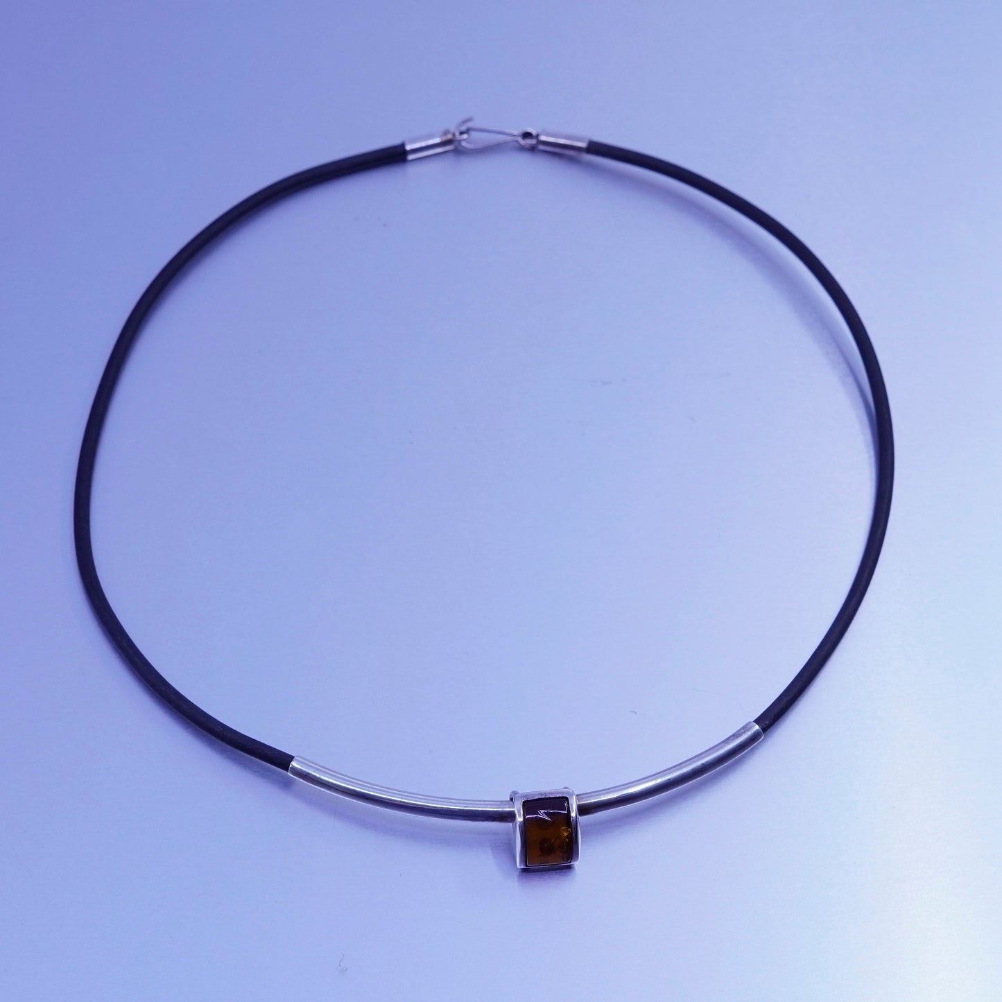 18”, vintage 925 Sterling Silver Handmade black Leather Necklace square Amber
