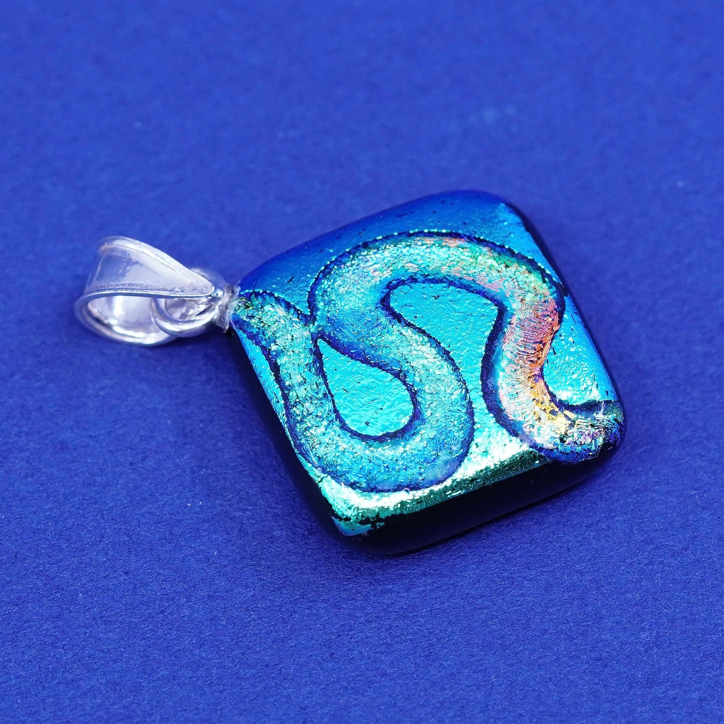 Vintage sterling 925 silver handmade pendant with dichroic glass