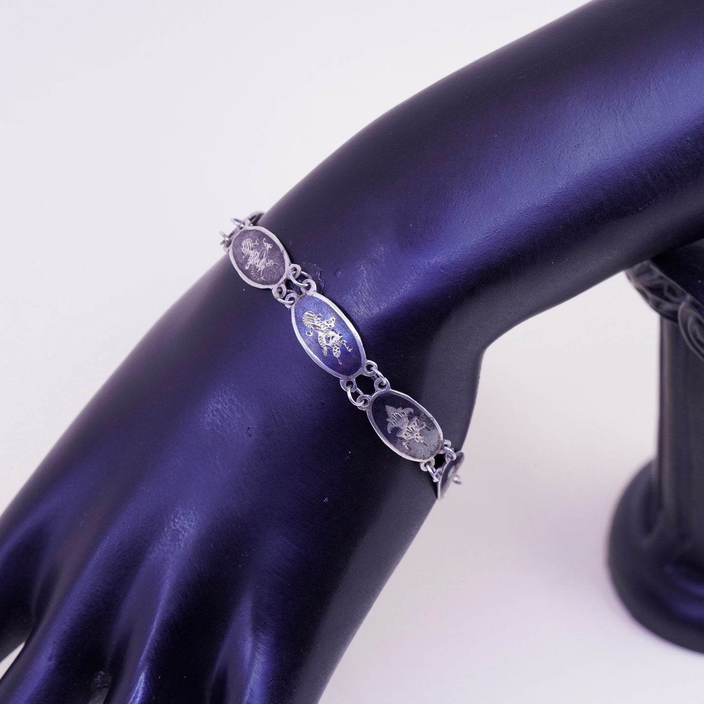 6.5”, Vintage Indian Siam sterling silver bracelet, 925 disc engraved goddess