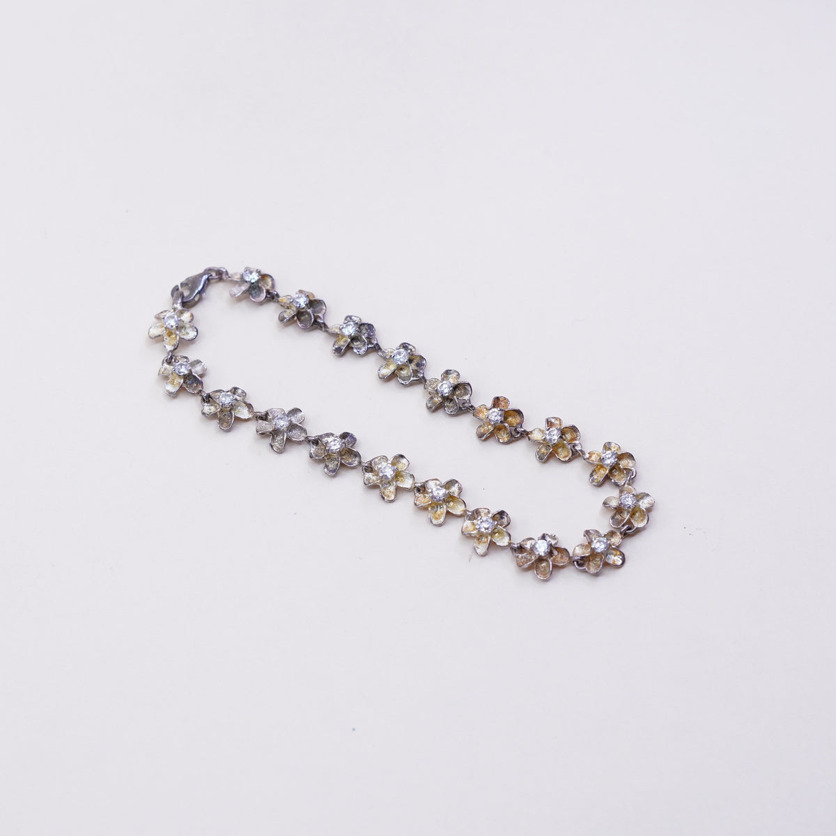 7.5”, Vintage sterling silver bracelet, 925 flowers with Cz, handmade jewelry