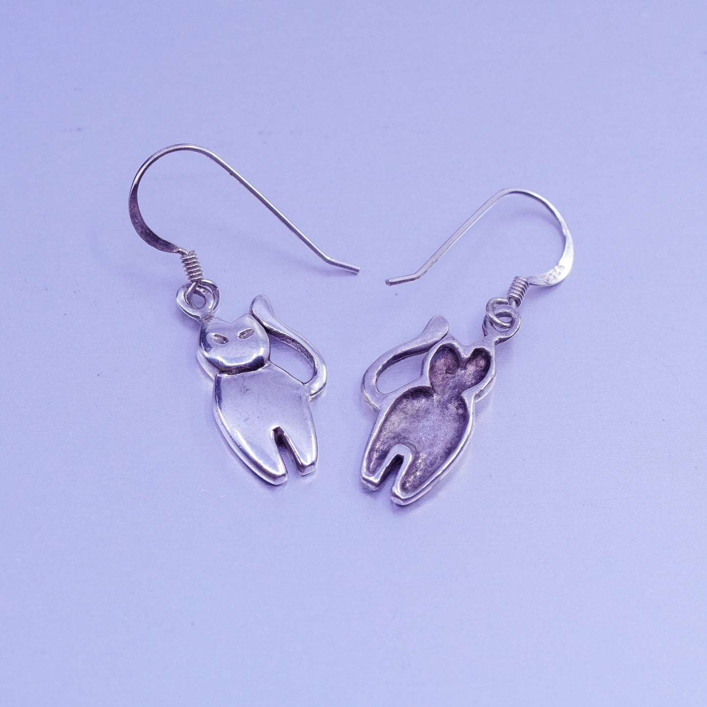 vintage Sterling silver handmade earrings, 925 cat kitty dangles