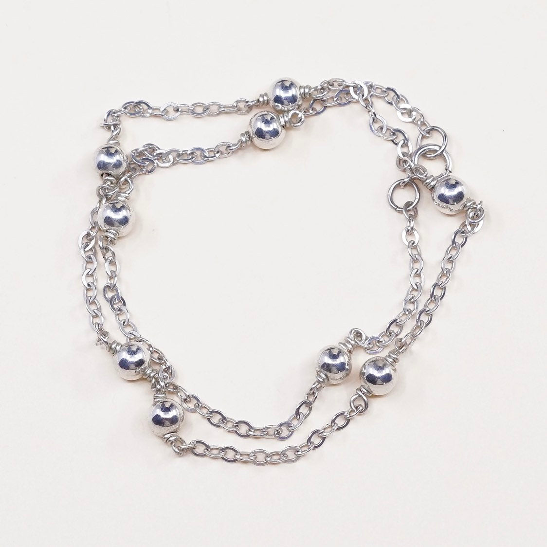 13", Sterling silver necklace, Italy 925 flatten circle chain w/ beads pendants