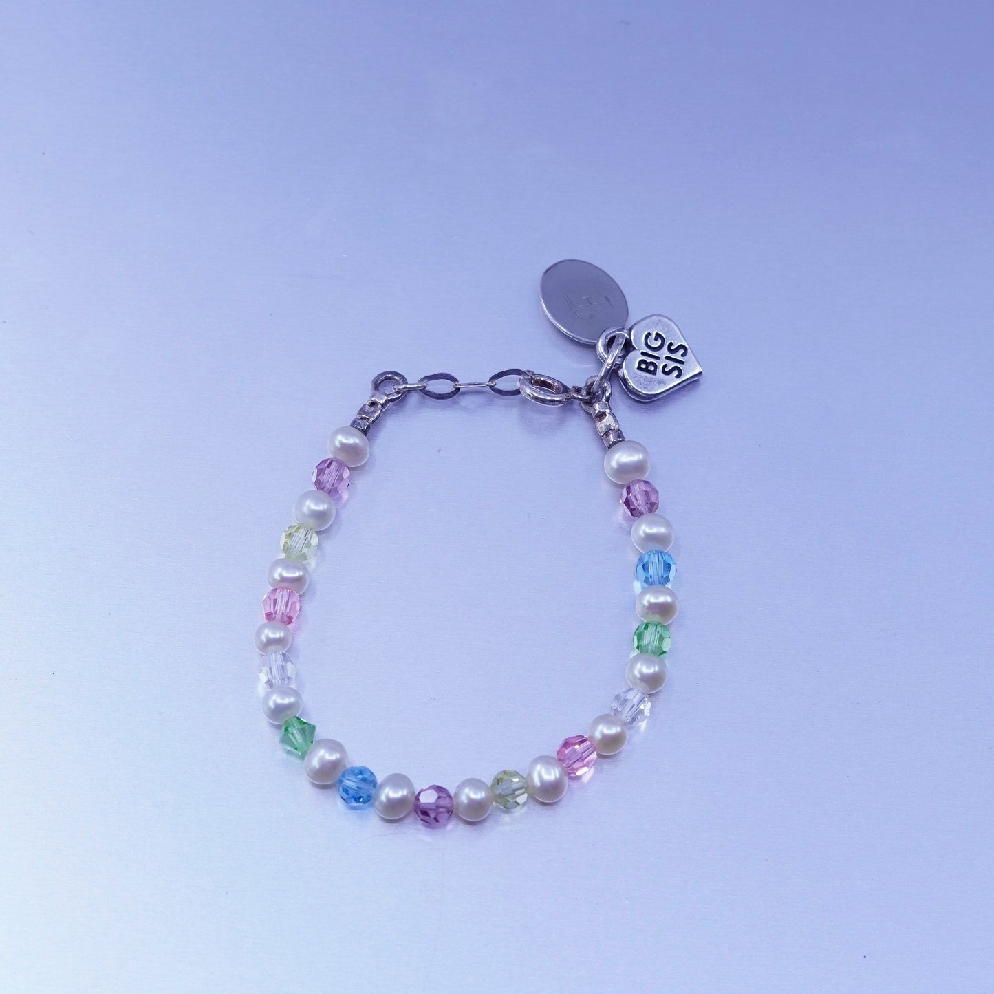 5”, Sterling 925 silver bracelet freshwater pearl crystal heart big sis charm