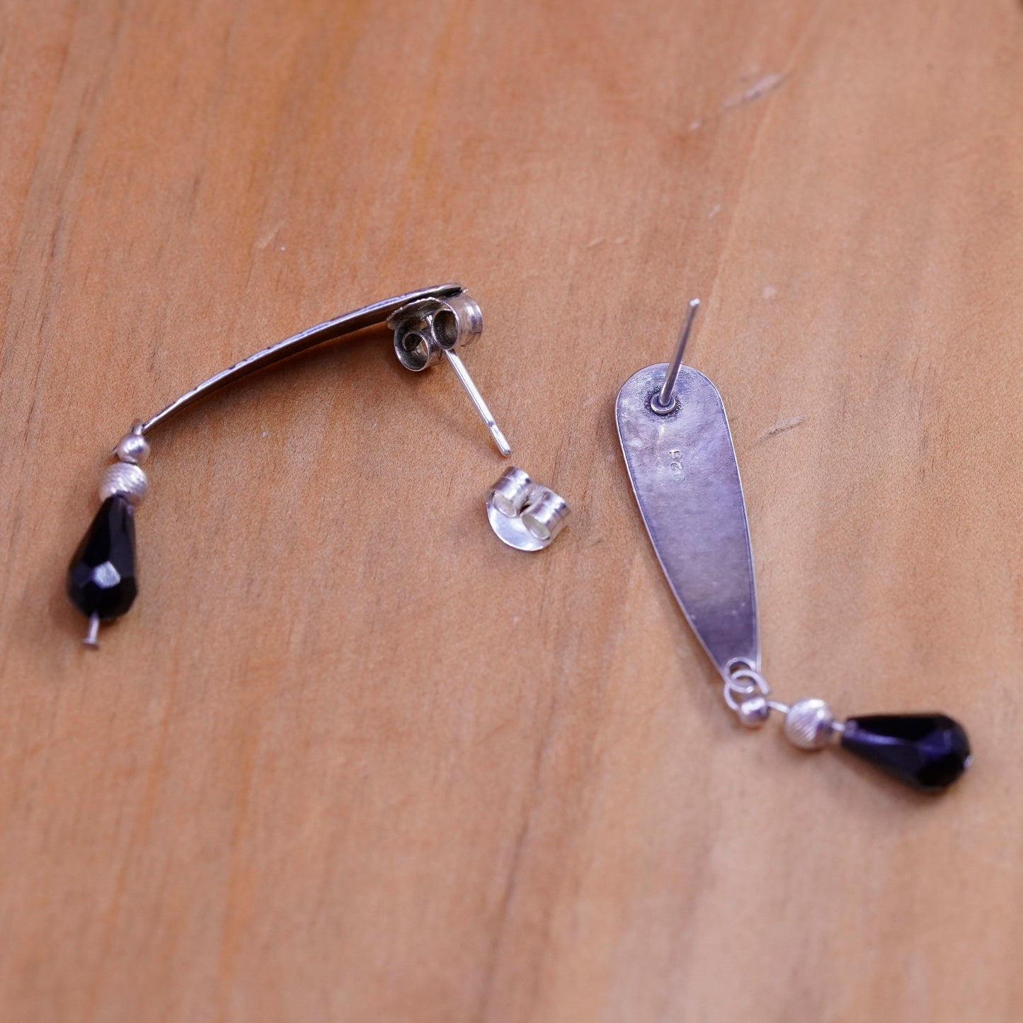 Vintage Sterling silver handmade earrings, textured 925 teardrop with obsidian
