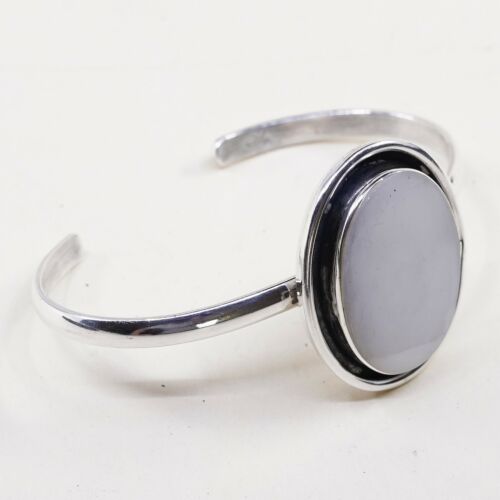 7”, Vtg Modern Handmade Sterling 925 Silver Cuff Bracelet W/ White Agate