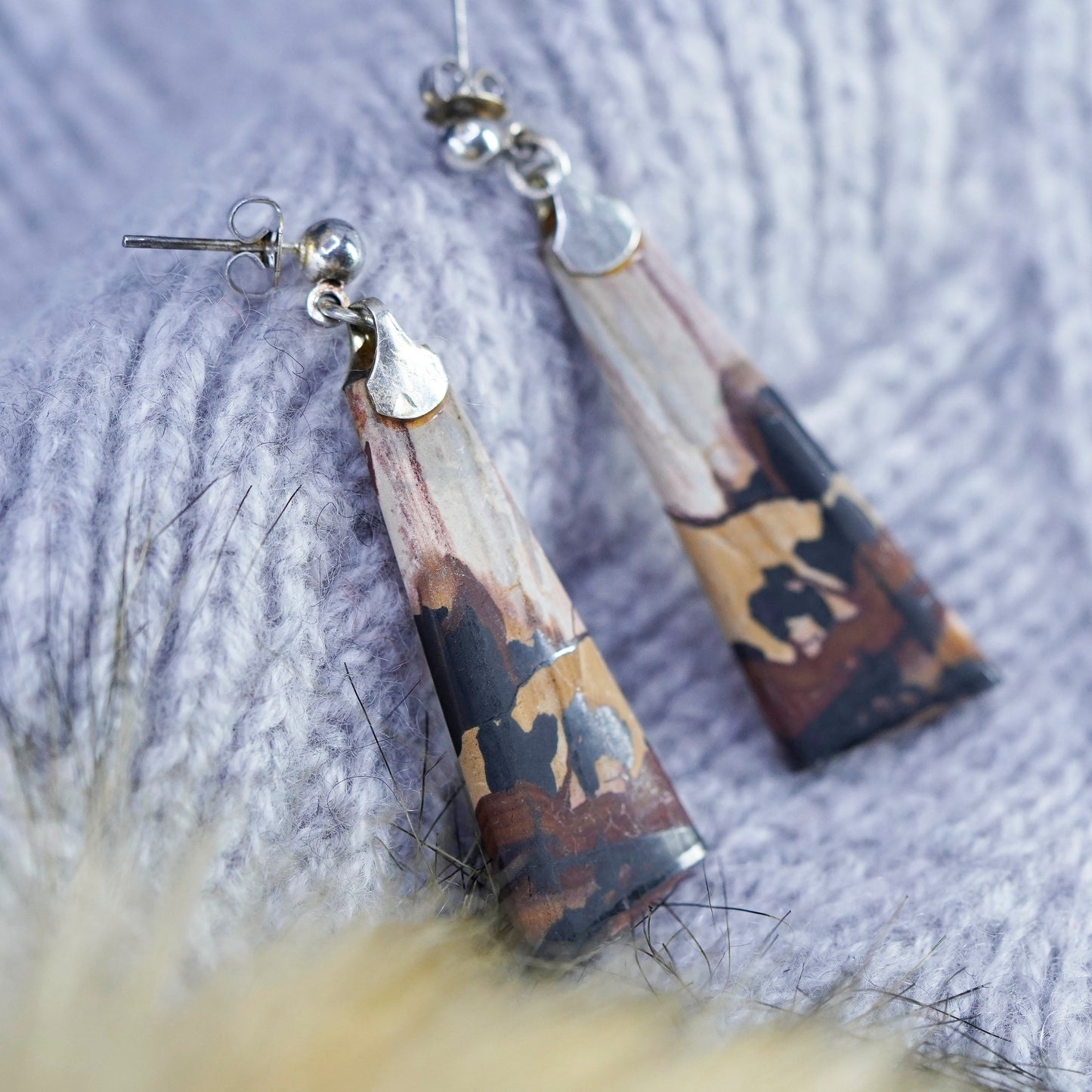Vintage sterling silver handmade earrings, 925 teardrop wooden drops