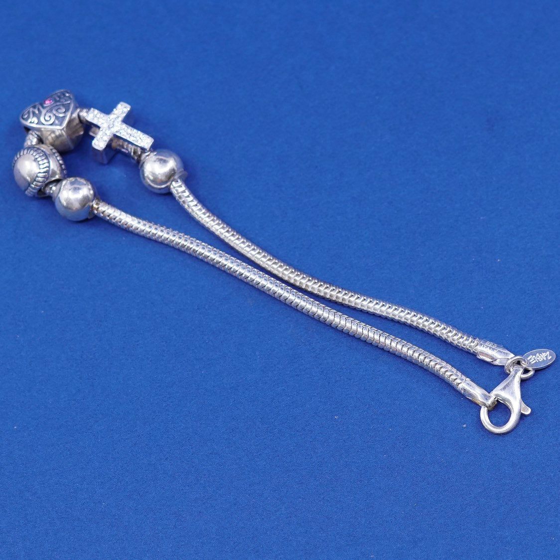 8.5", Sterling silver bracelet, italy 925 snake chain mom baseball cross charms