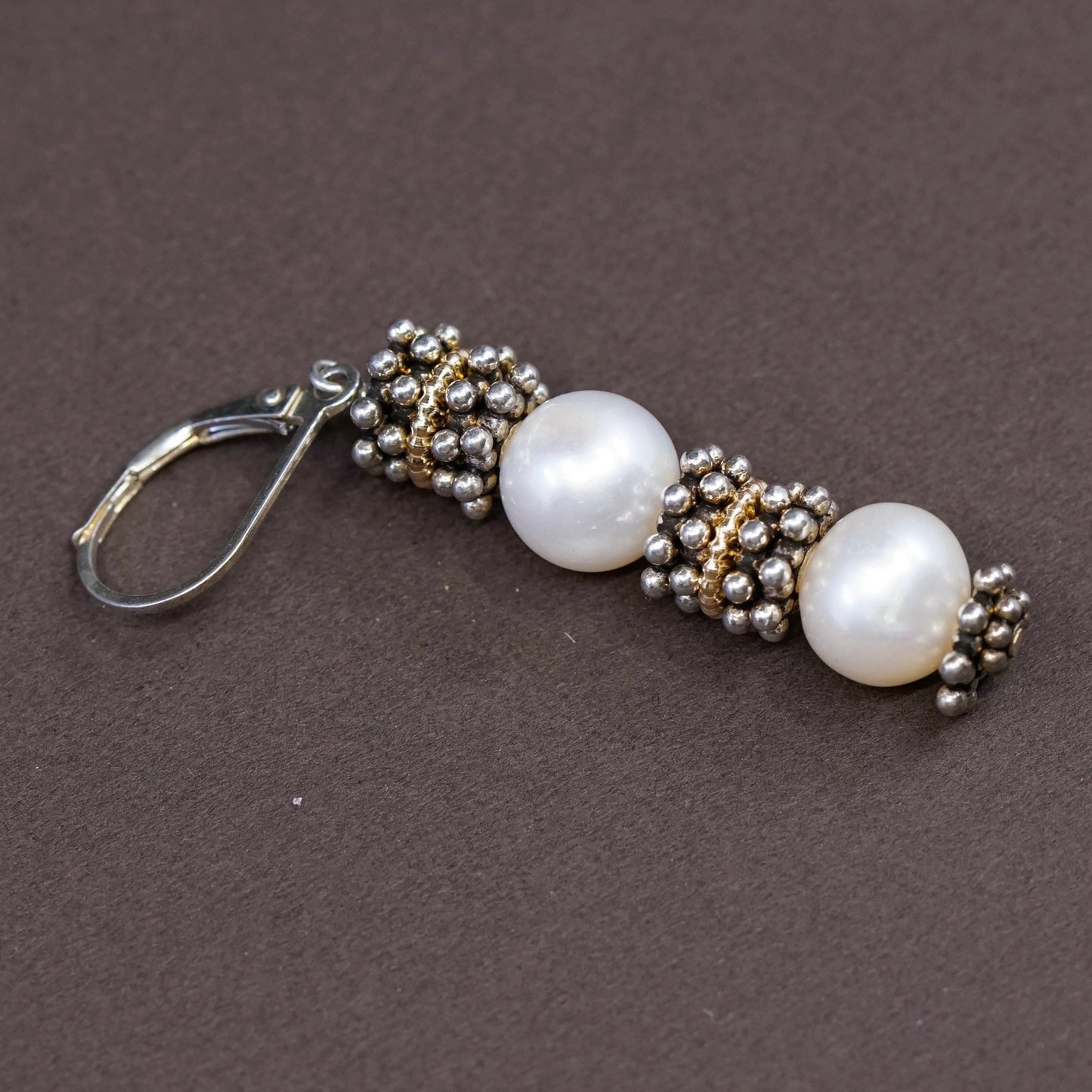14K yellow gold trim w/ Sterling silver handmade earrings, 925 beads w/ pearl