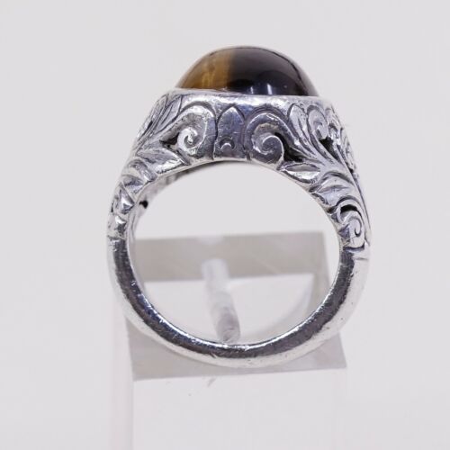 Sz 5, Vtg Handmade Sterling Silver Ring W/ Golden Tiger Eye N Filigree Details