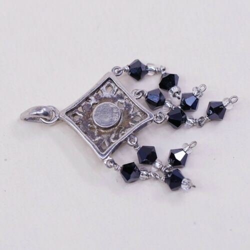 Vtg Handmade Sterling Silver Pendant, 925 Filigree Cross W/ Obsidian N Fringe