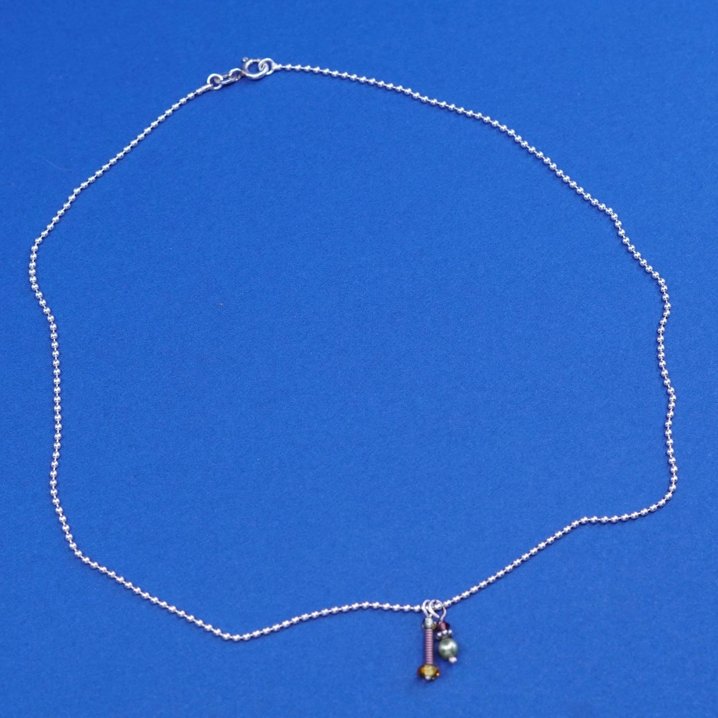 16”, 1mm, vtg Sterling silver handmade necklace, 925 bead chain w/ pearl charm