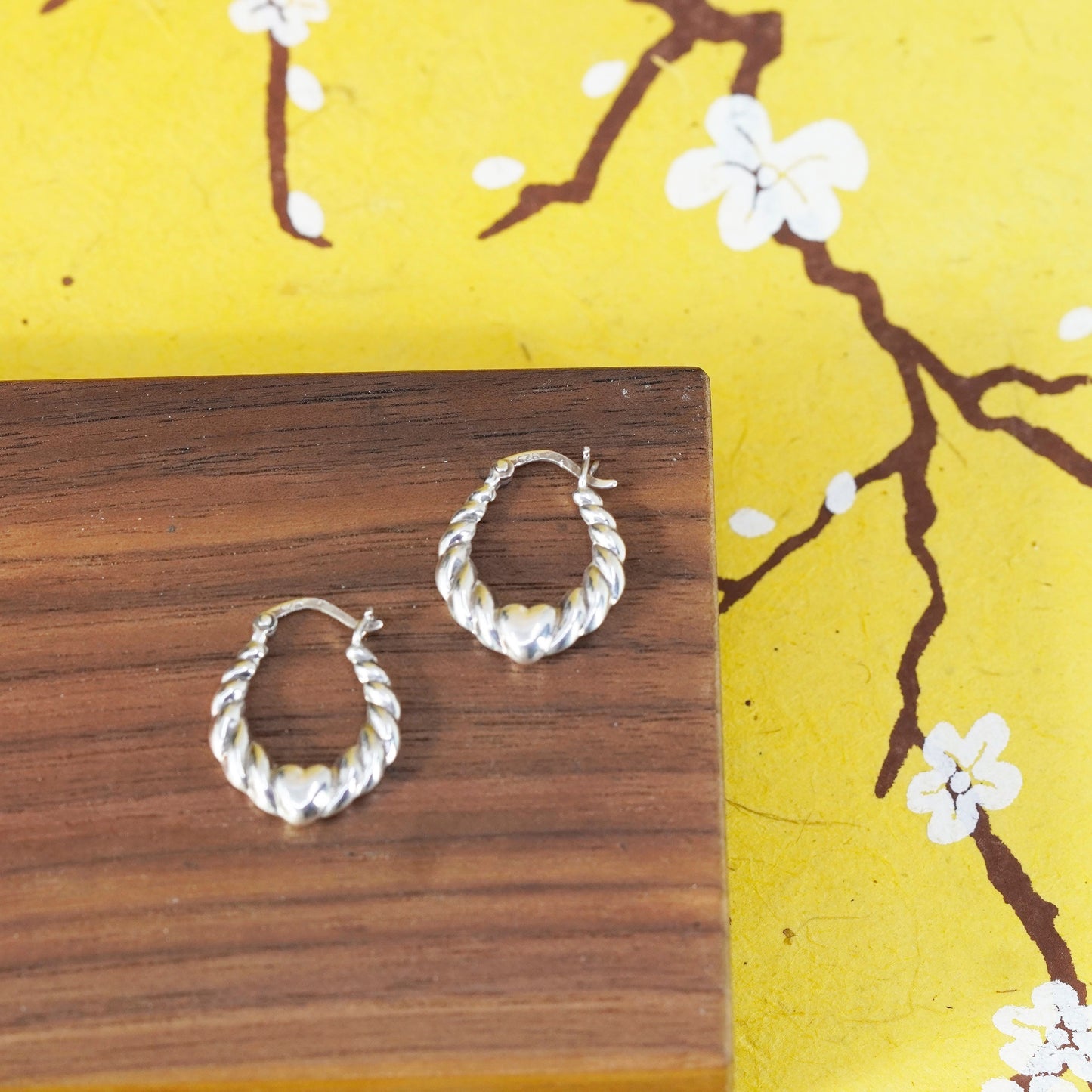0.75”, vintage Sterling silver handmade earrings, ribbed hoops with heart