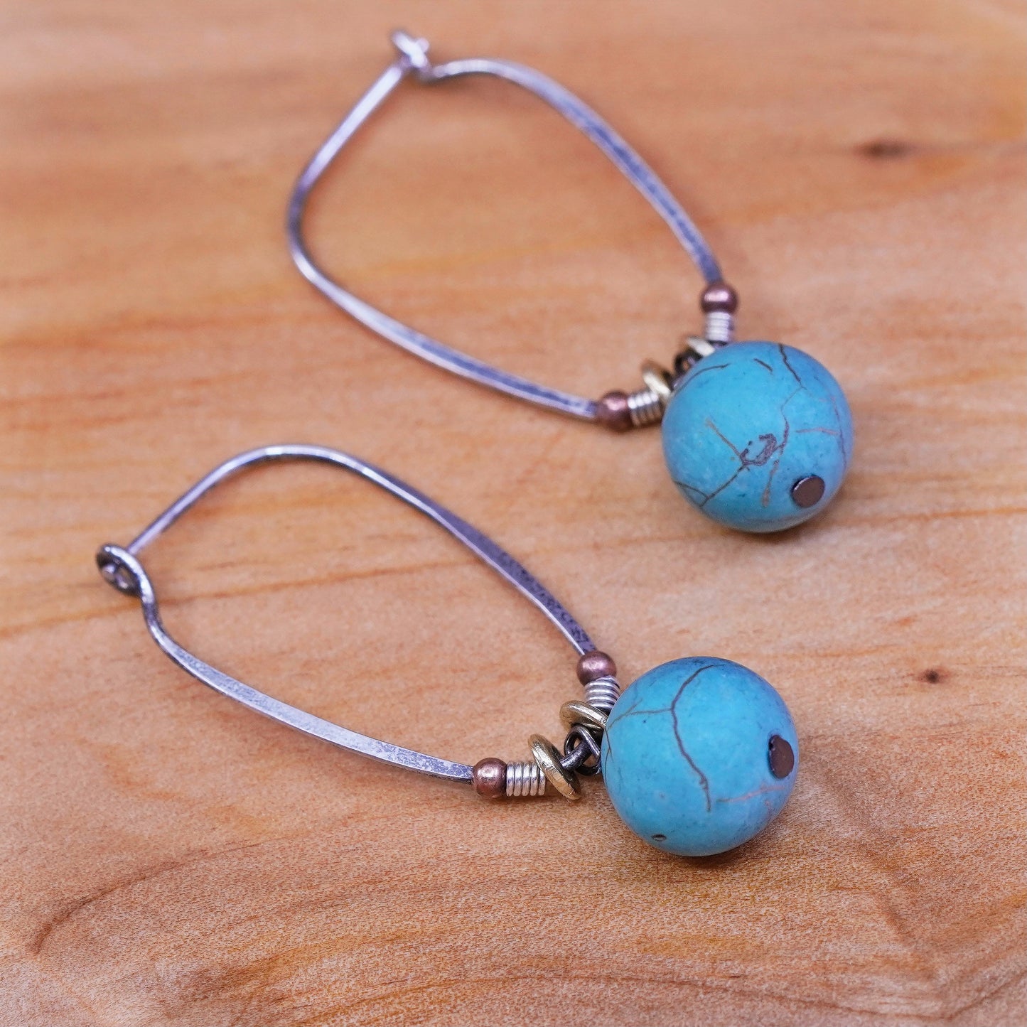 Vintage Sterling silver handmade earrings, 925 hoops with turquoise beads