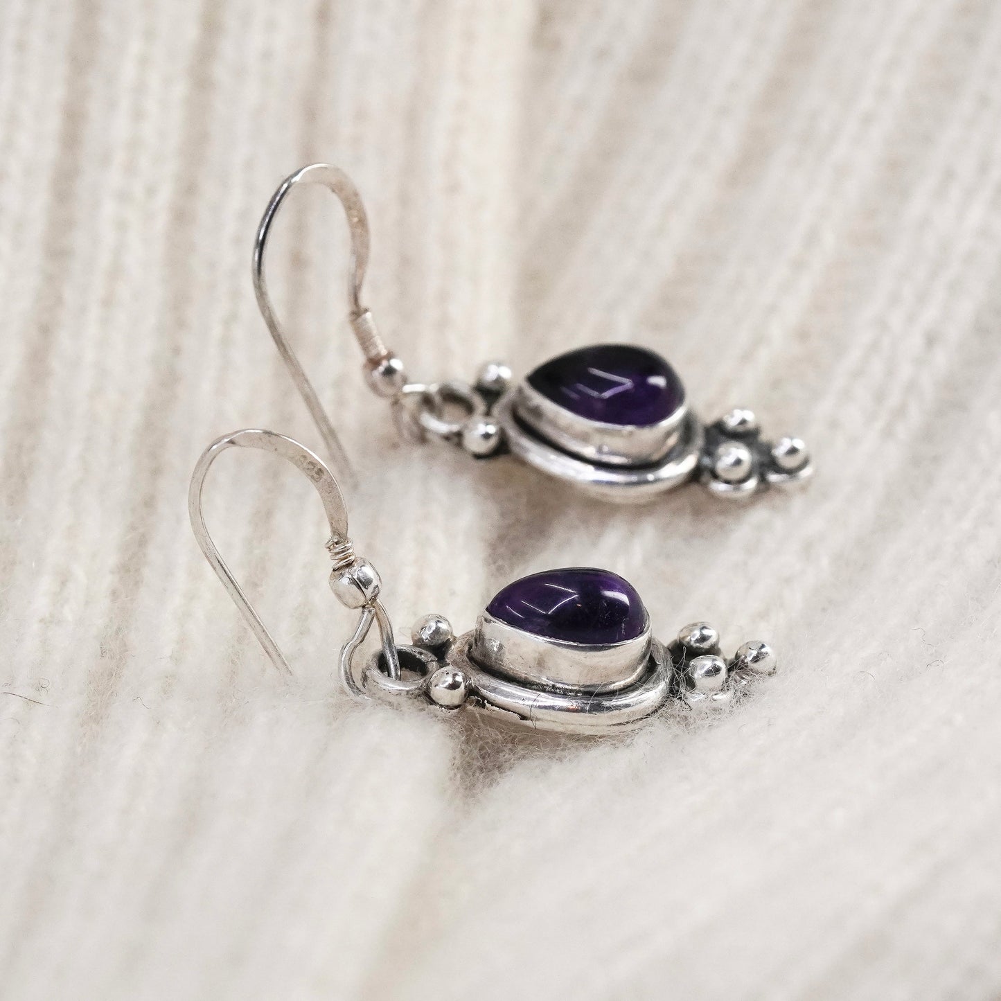 Vintage sterling 925 silver handmade earrings with teardrop amethyst and beads
