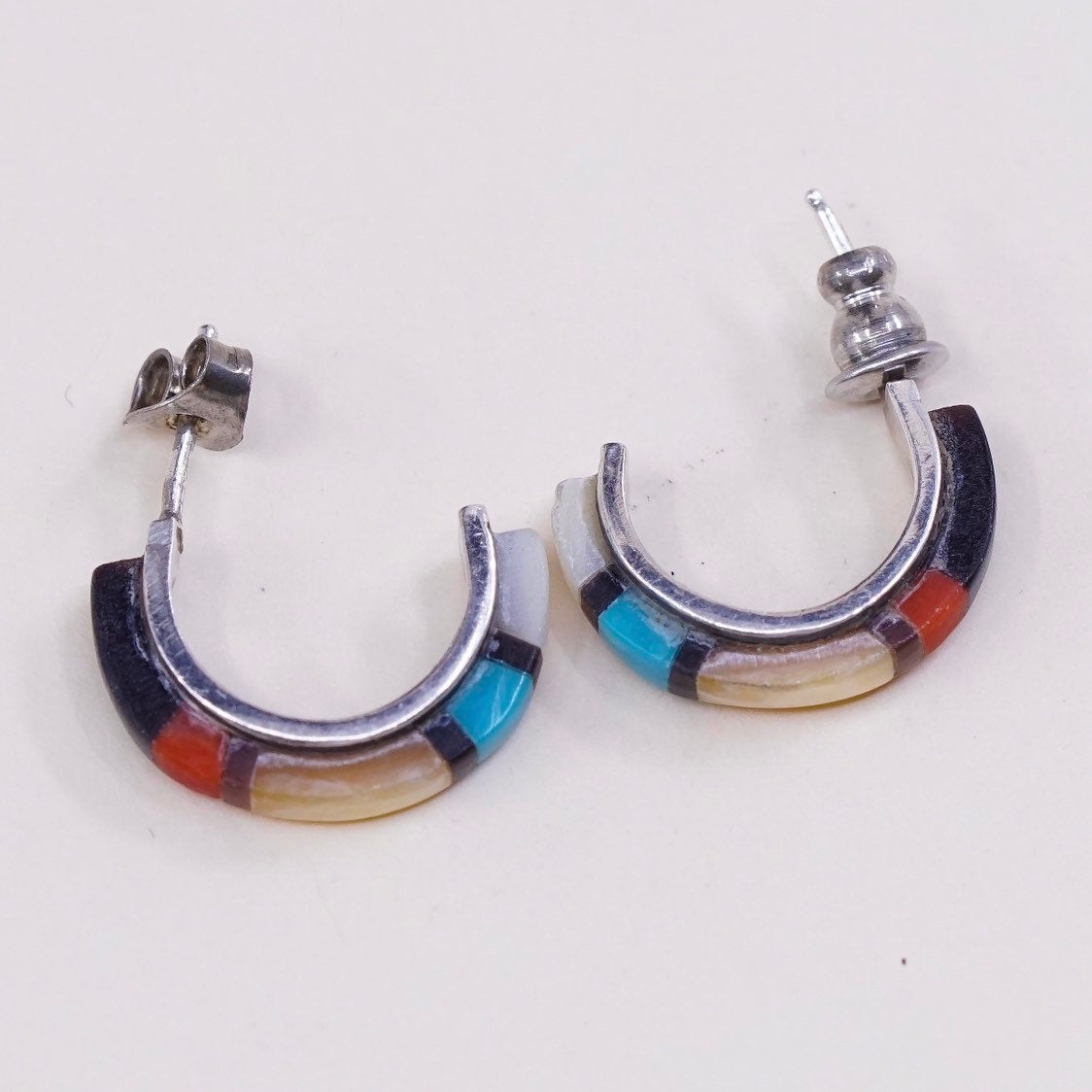 Native American Sterling 925 silver handmade earrings, Hoops with zuni studs
