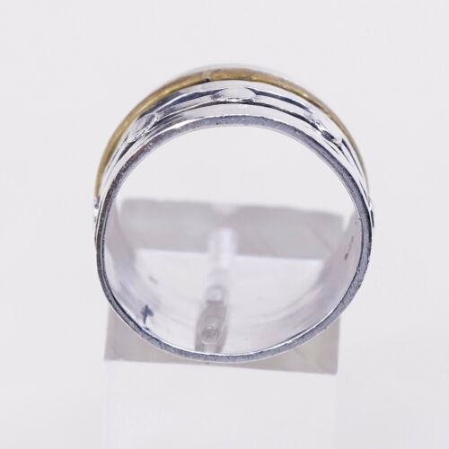 Sz 8, Vtg Two Tone Sterling Silver Handmade Ring, 925 Silver Spinner Band