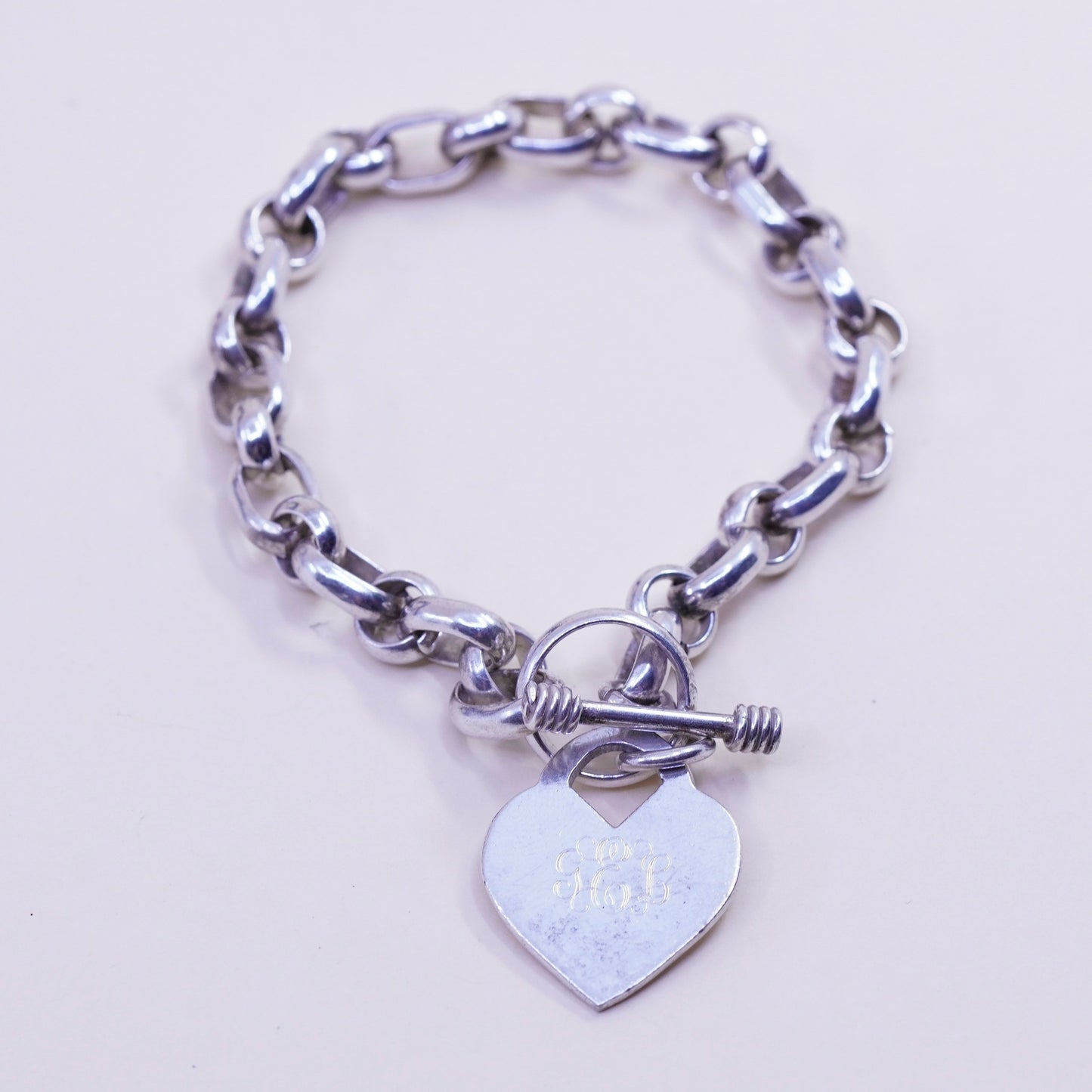 7”, 8mm, Vintage sterling 925 silver circle bracelet monogram GEL heart charm