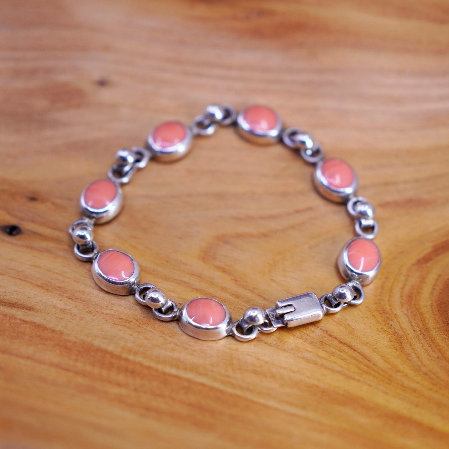 7.75”, vintage Sterling silver handmade bracelet, 925 chain with red agate