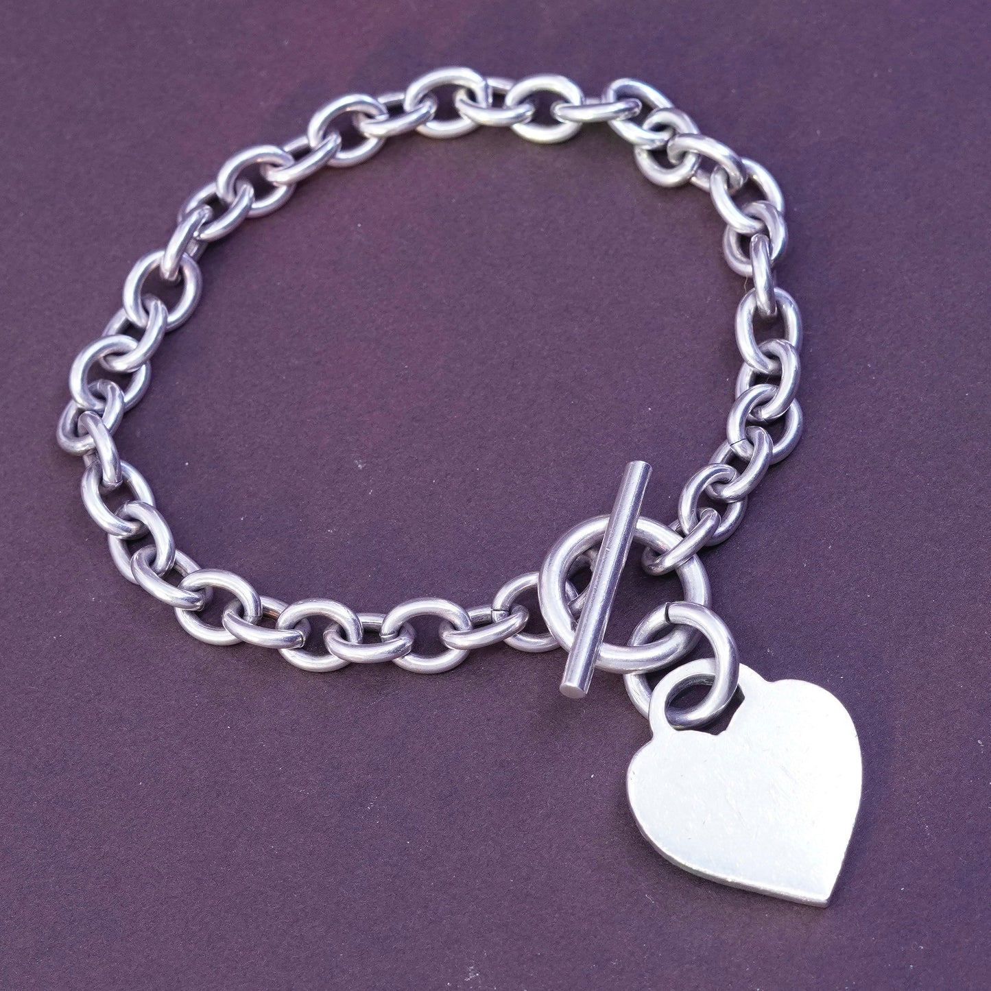 6.75”, Sterling silver handmade charm bracelet, 925 circle chain heart charm