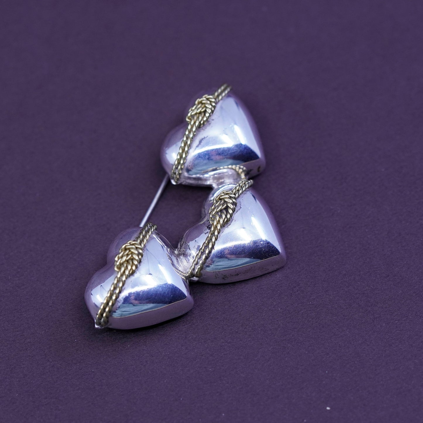 Vintage mexico handmade two tone sterling 925 silver heart brooch