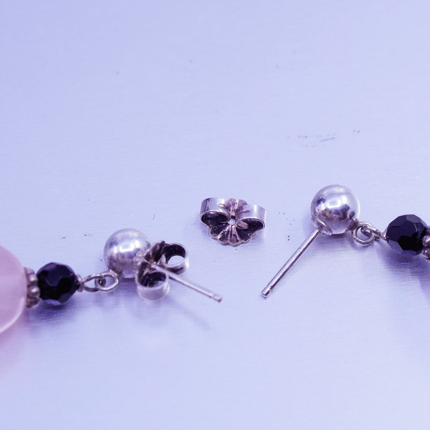 Vintage Sterling 925 silver handmade earrings with pink rose quartz