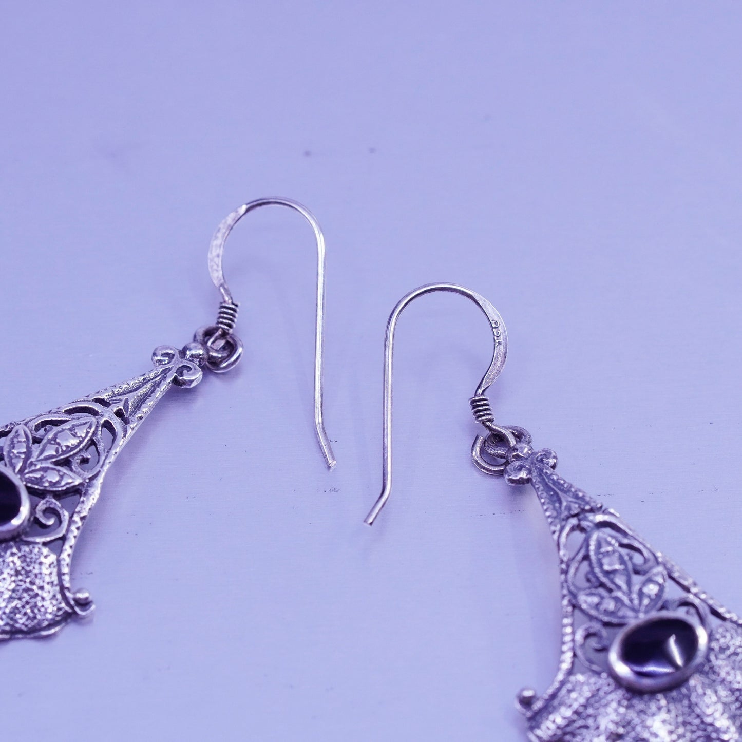 Vintage Sterling 925 silver handmade textured earrings with obsidian