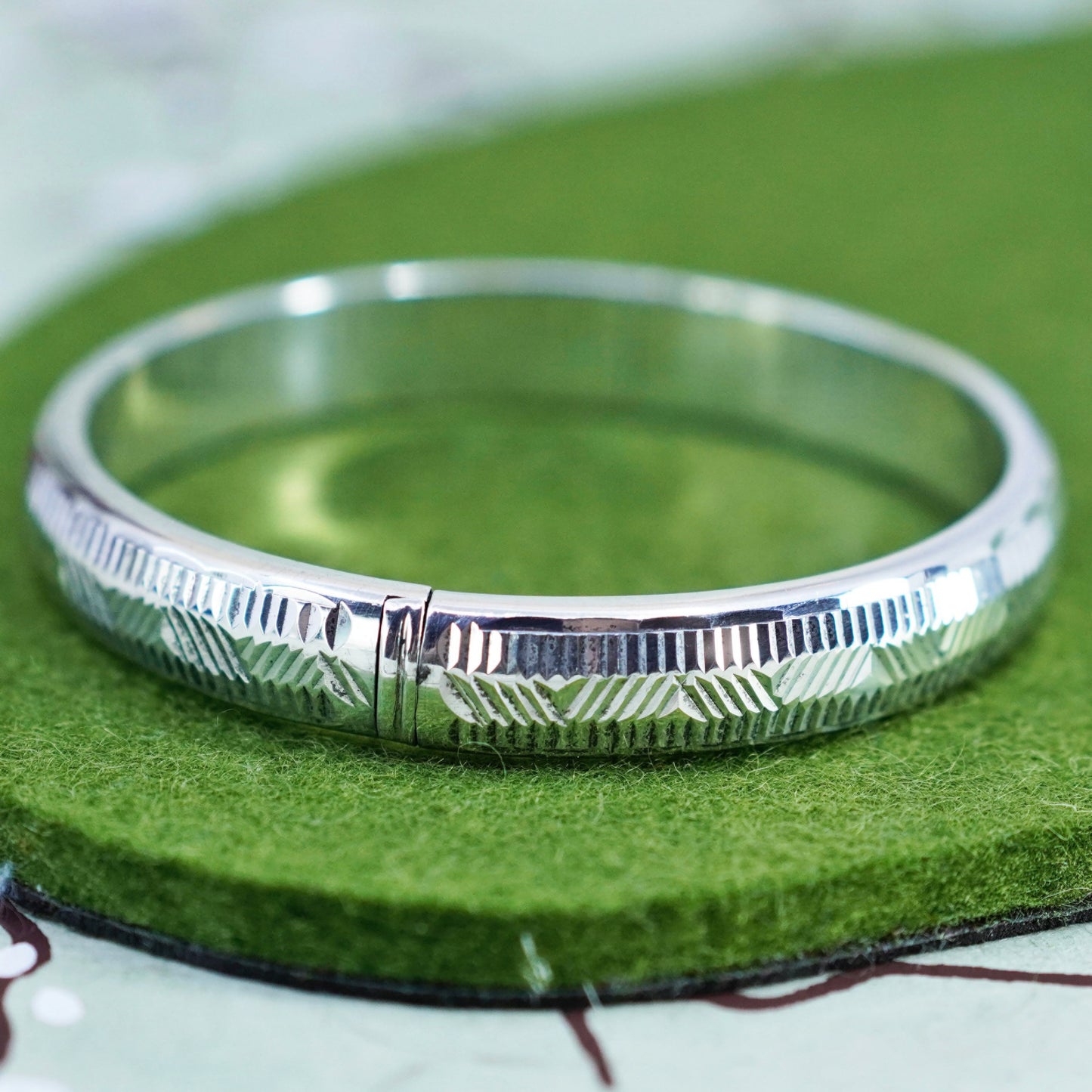 7.5”, Vintage sterling silver handmade bracelet, textured 925 hinged bangle