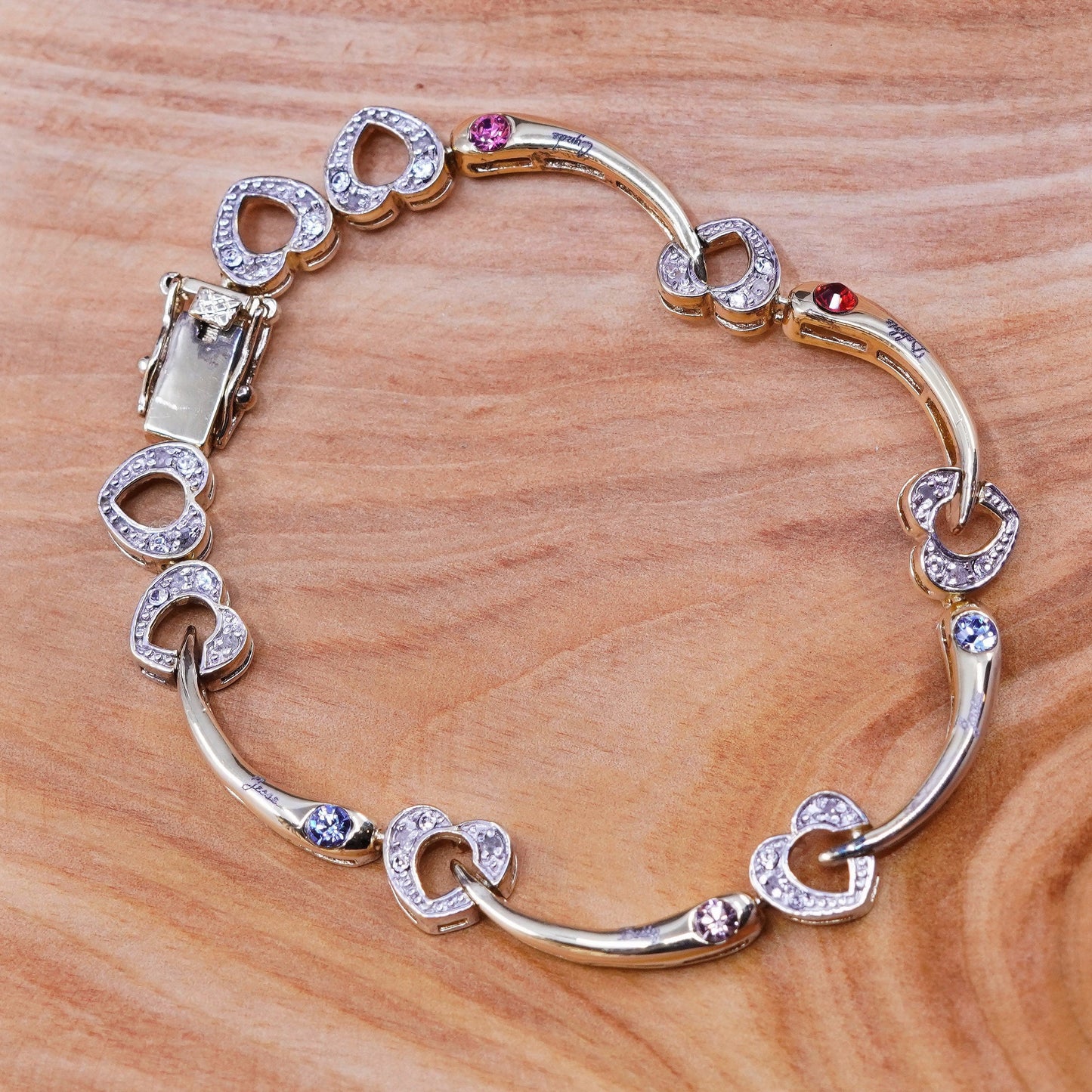 7.25”, vtg vermeil gold over Sterling silver tennis bracelet, 925 heart crystal