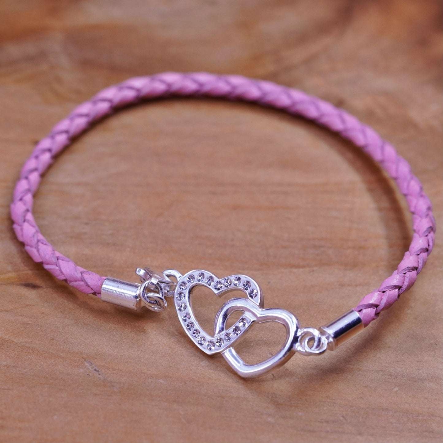 7”, braided woven leather bracelet with sterling 925 silver double heart charm