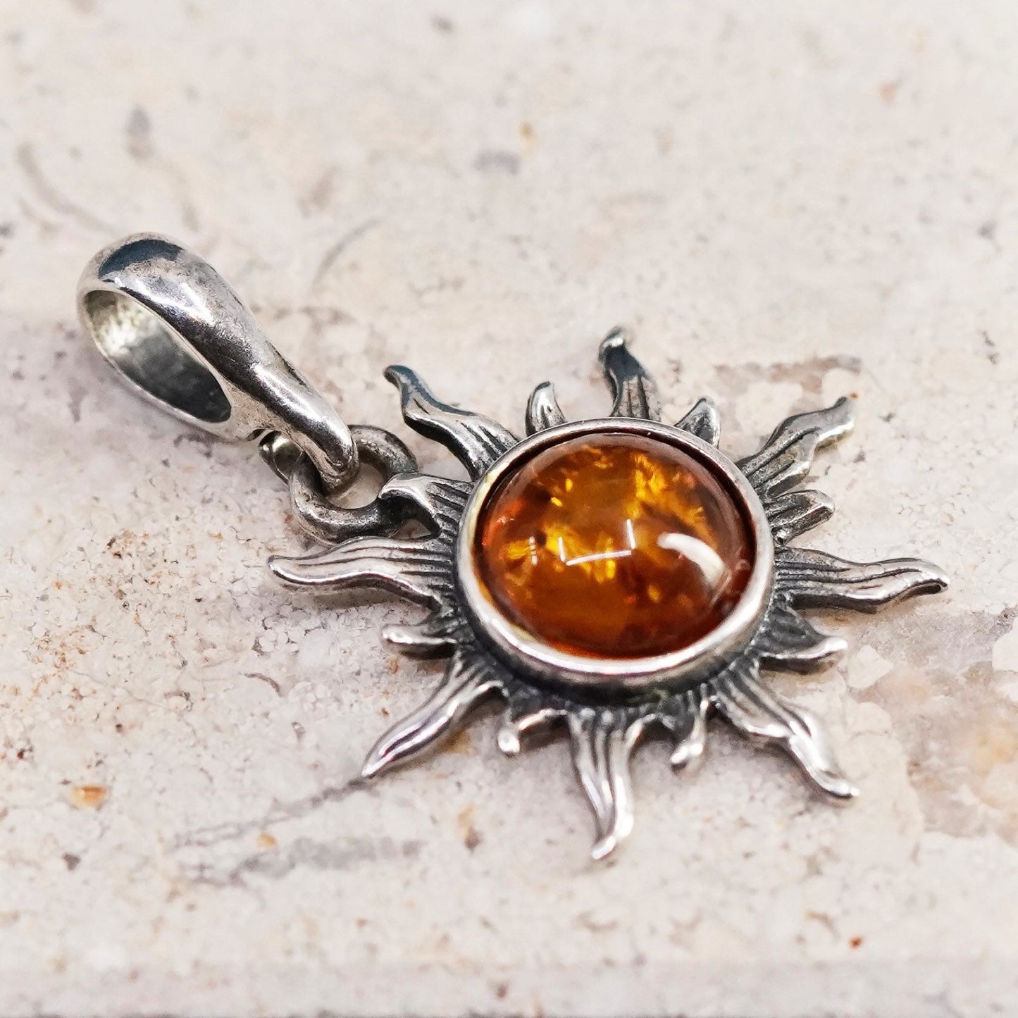 Vintage Sterling 925 silver handmade sun pendant with amber