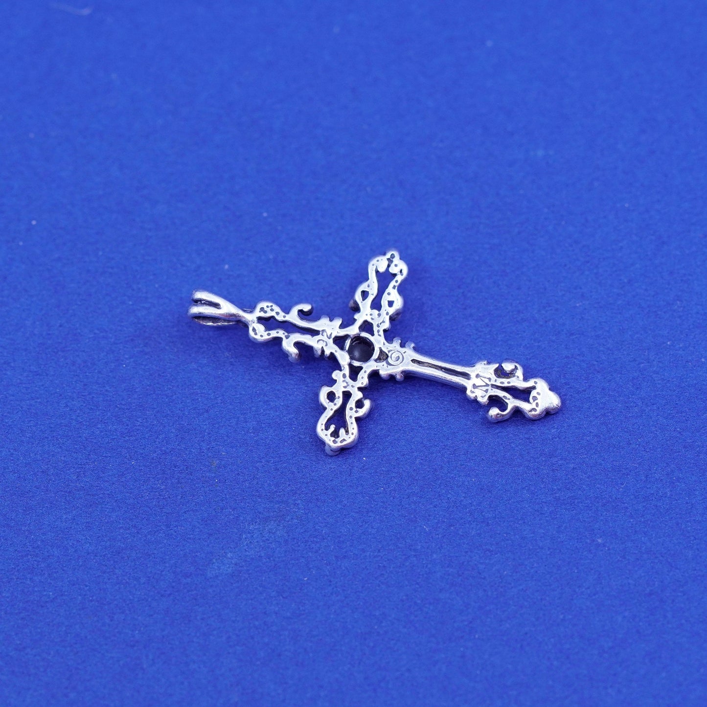 Vintage Sterling silver handmade pendant, 925 bali cross with obsidian